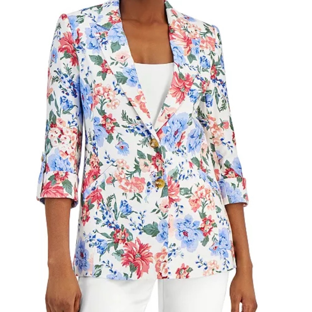 T Tahari Linen Blend Rolled Tab Floral Printed Women's Blazer. Size 10.  NWT